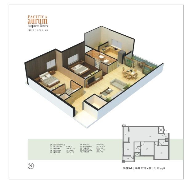 Floor plan of 2 BHK 1147 Sq. Ft. Apartment in Pacifica Aurum, Chennai
