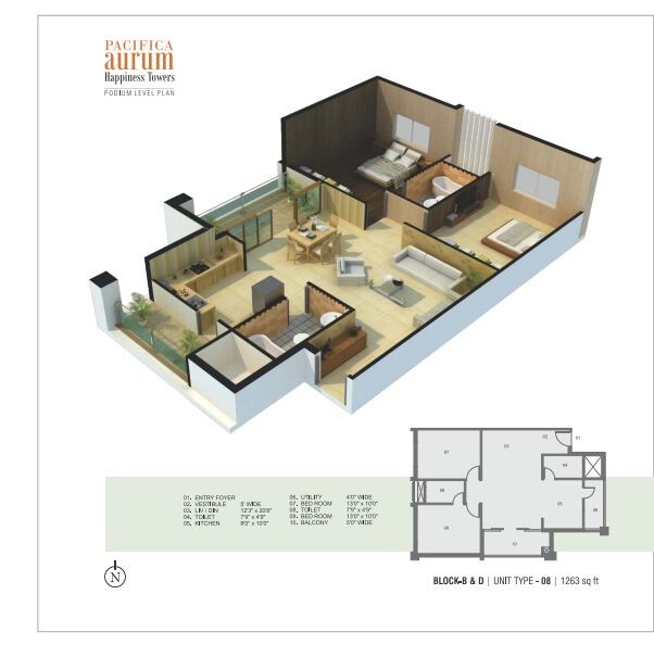 Floor plan of 2 BHK 1263 Sq. Ft. Apartment in Pacifica Aurum, Chennai