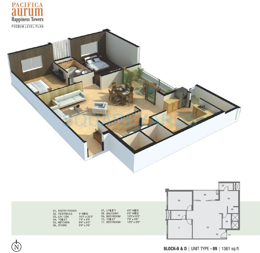 Floor plan of 2 BHK 1361 Sq. Ft. Apartment in Pacifica Aurum, Chennai