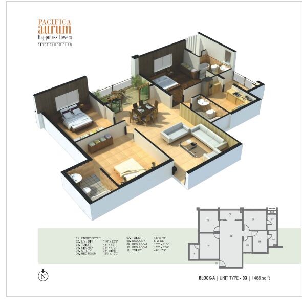 Floor plan of 3 BHK 1448 Sq. Ft. Apartment in Pacifica Aurum, Chennai