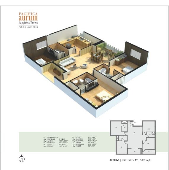 Floor plan of 3 BHK 1683 Sq. Ft. Apartment in Pacifica Aurum, Chennai