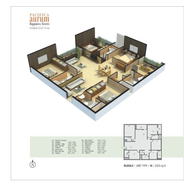 Floor plan of 4 BHK 2323 Sq. Ft. Apartment in Pacifica Aurum, Chennai