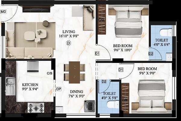 Floor plan of 2 BHK 755 Sq. Ft. Apartment in PAK Subham Apartments, Chennai