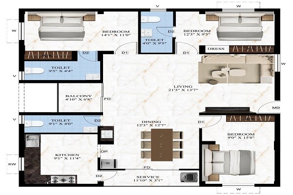Floor plan of 3 BHK 1510 Sq. Ft. Apartment in PAK Subham Apartments, Chennai