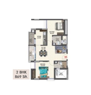 Floor plan of 2 BHK 869 Sq. Ft. Apartment in Pavani North Star, Chennai