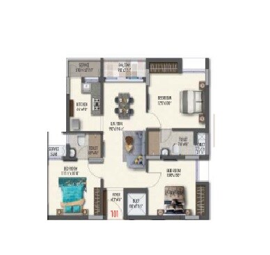 Floor plan of 3 BHK 1057 Sq. Ft. Apartment in Pavani North Star, Chennai