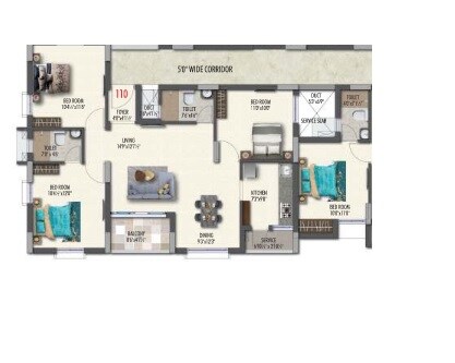 Floor plan of 3 BHK 1368 Sq. Ft. Apartment in Pavani North Star, Chennai