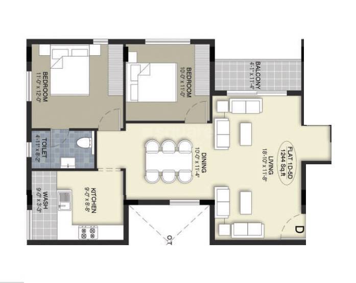 Floor plan of 3 BHK 1244 Sq. Ft. Apartment in Pearl Araliya, Chennai