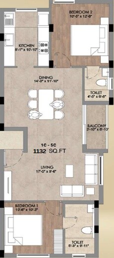Floor plan of 2 BHK 1132 Sq. Ft. Apartment in Pearl Aster, Chennai
