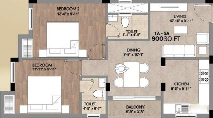 Floor plan of 2 BHK 900 Sq. Ft. Apartment in Pearl Aster, Chennai
