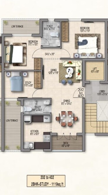 Floor plan of 2 BHK 1119 Sq. Ft. Apartment in Pearl Azalea, Chennai