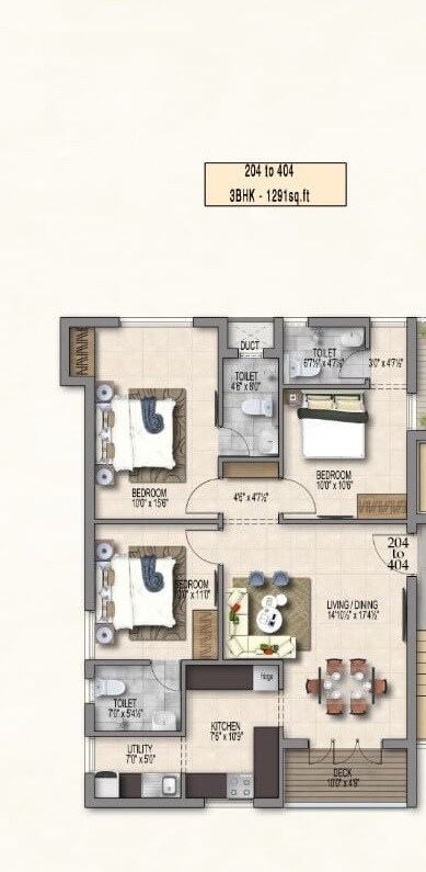 Floor plan of 3 BHK 1291 Sq. Ft. Apartment in Pearl Azalea, Chennai