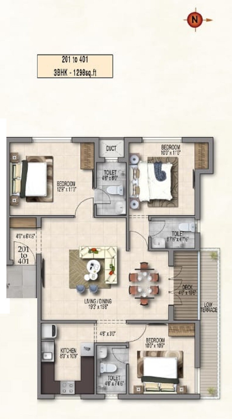 Floor plan of 3 BHK 1298 Sq. Ft. Apartment in Pearl Azalea, Chennai