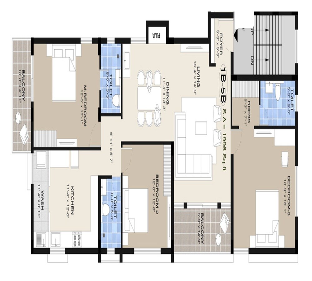 Floor plan of 3 BHK 1996 Sq. Ft. Apartment in Pearl Ishaan, Chennai
