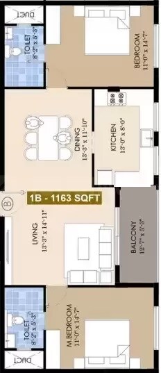 Floor plan of 2 BHK 1163 Sq. Ft. Apartment in Pearl KR Orchid, Chennai