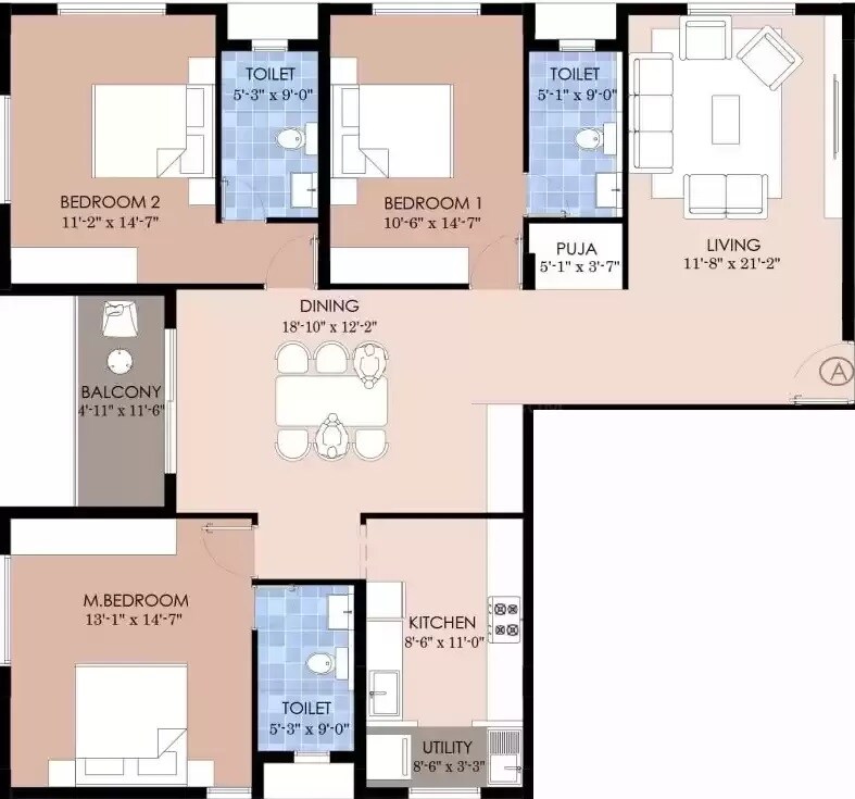 Floor plan of 3 BHK 1781 Sq. Ft. Apartment in Pearl KR Orchid, Chennai