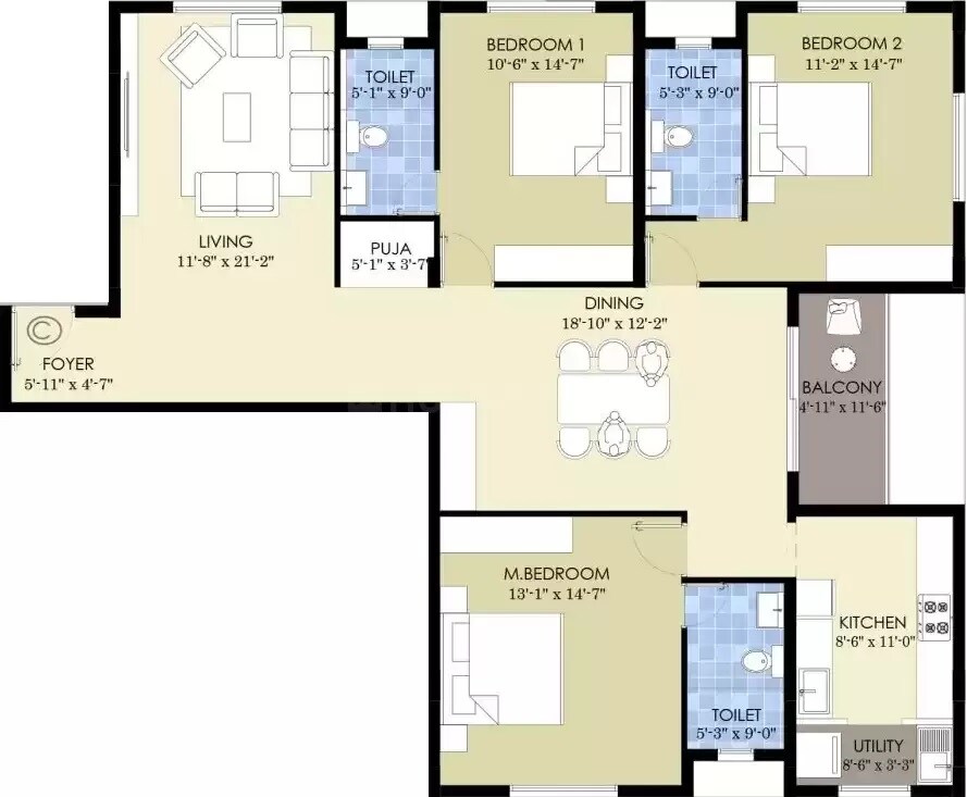 Floor plan of 3 BHK 1818 Sq. Ft. Apartment in Pearl KR Orchid, Chennai
