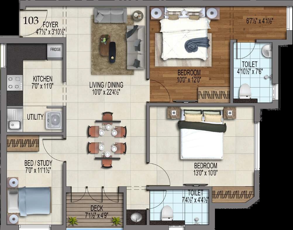 Floor plan of 3 BHK 1090 Sq. Ft. Apartment in Pearl Krishna, Chennai