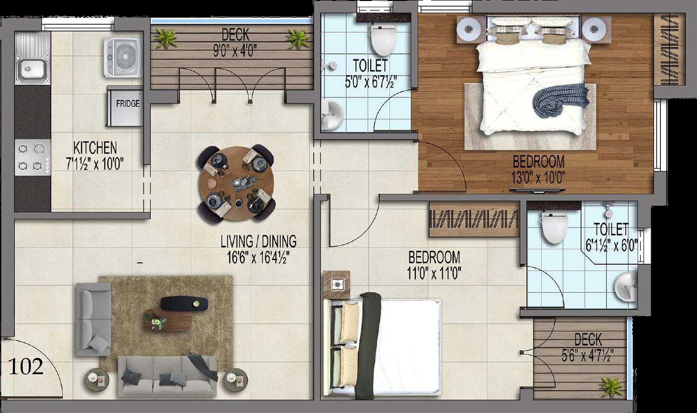 Floor plan of 2 BHK 958 Sq. Ft. Apartment in Pearl Krishna, Chennai