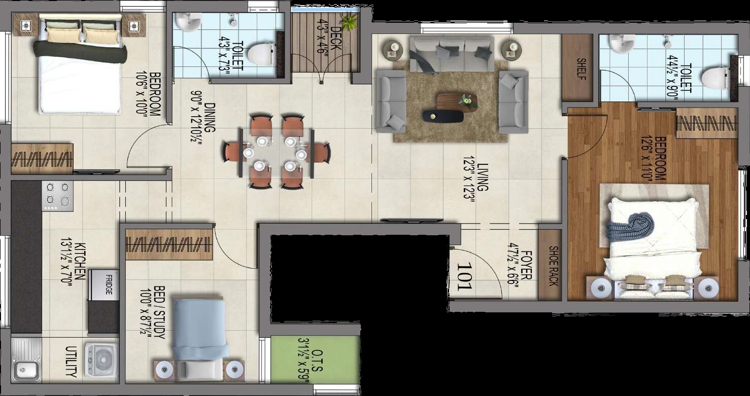 Floor plan of 3 BHK 1152 Sq. Ft. Apartment in Pearl Krishna, Chennai