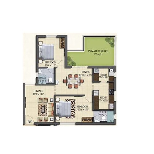 Floor plan of 2 BHK 1216 Sq. Ft. Apartment in Pearl Queens Park, Chennai