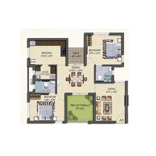 Floor plan of 2 BHK 823 Sq. Ft. Apartment in Pearl Queens Park, Chennai