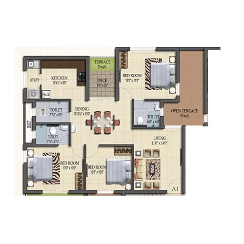 Floor plan of 3 BHK 1263 Sq. Ft. Apartment in Pearl Queens Park, Chennai