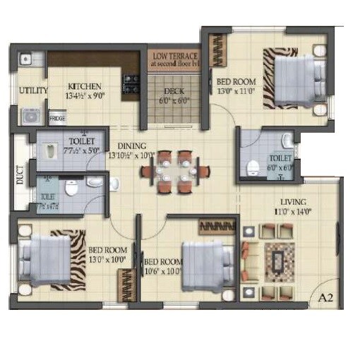 Floor plan of 3 BHK 1340 Sq. Ft. Apartment in Pearl Queens Park, Chennai