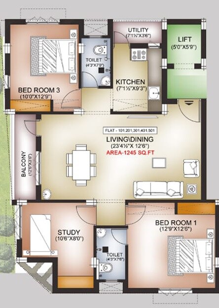 Floor plan of 2 BHK 1245 Sq. Ft. Apartment in Pearl Shivani, Chennai