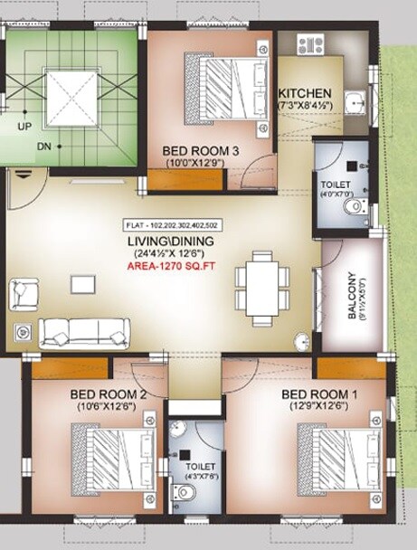 Floor plan of 3 BHK 1270 Sq. Ft. Apartment in Pearl Shivani, Chennai