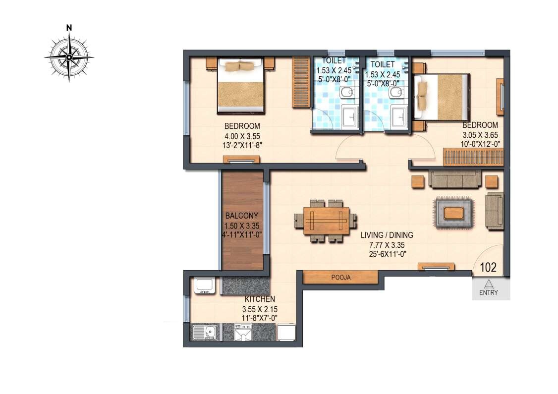 Floor plan of 2 BHK 1048 Sq. Ft. Apartment in Pelican Gold Key, Chennai