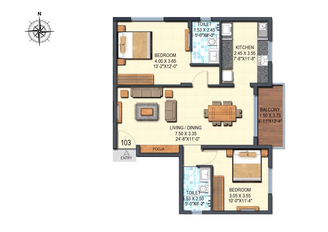 Floor plan of 2 BHK 1068 Sq. Ft. Apartment in Pelican Gold Key, Chennai