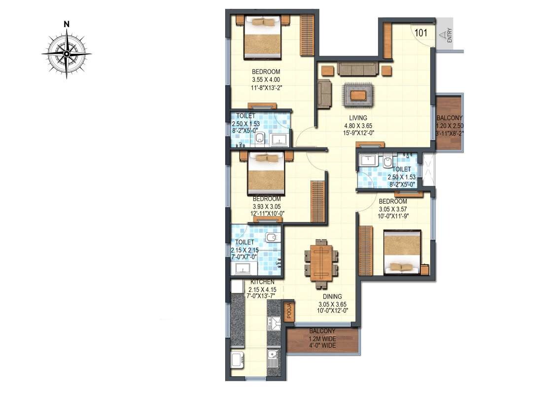 Floor plan of 3 BHK 1451 Sq. Ft. Apartment in Pelican Gold Key, Chennai