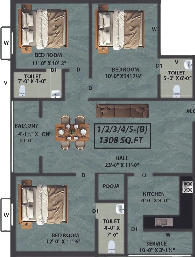 Floor plan of 3 BHK 1308 Sq. Ft. Apartment in Perfect Paramesh, Chennai