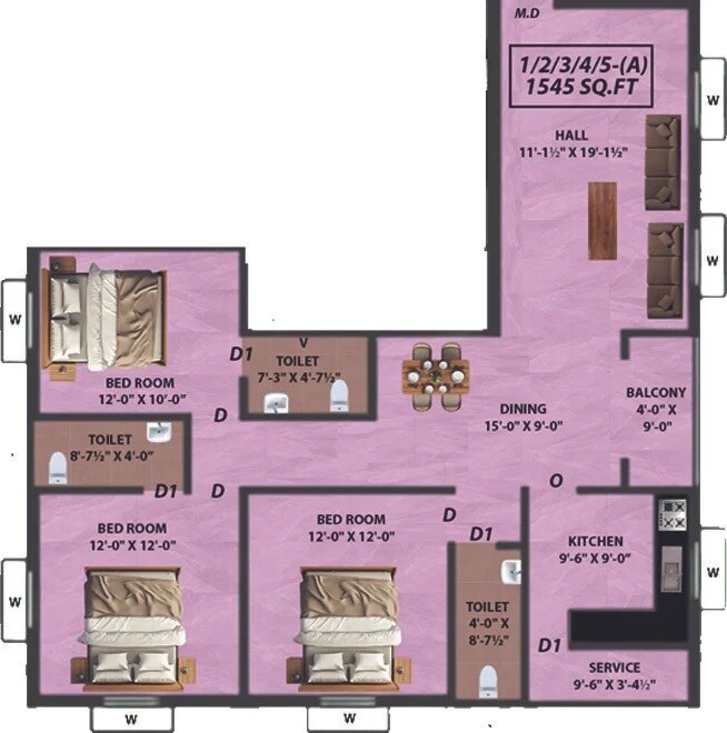 Floor plan of 3 BHK 1545 Sq. Ft. Apartment in Perfect Paramesh, Chennai