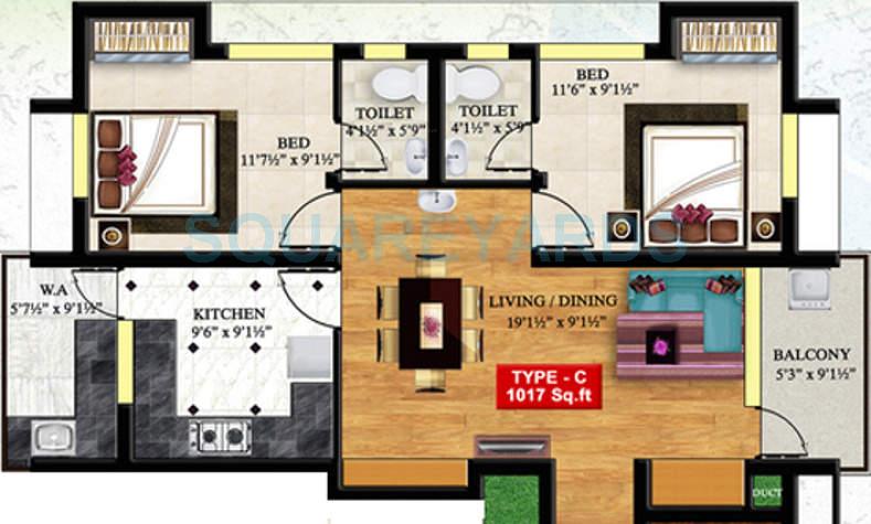 Floor plan of 2 BHK 1017 Sq. Ft. Apartment in PET Thangam Flats, Chennai