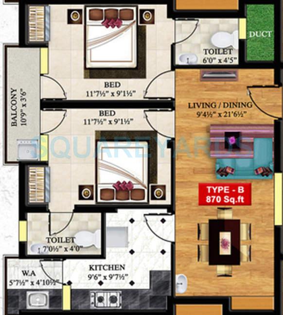 Floor plan of 2 BHK 870 Sq. Ft. Apartment in PET Thangam Flats, Chennai