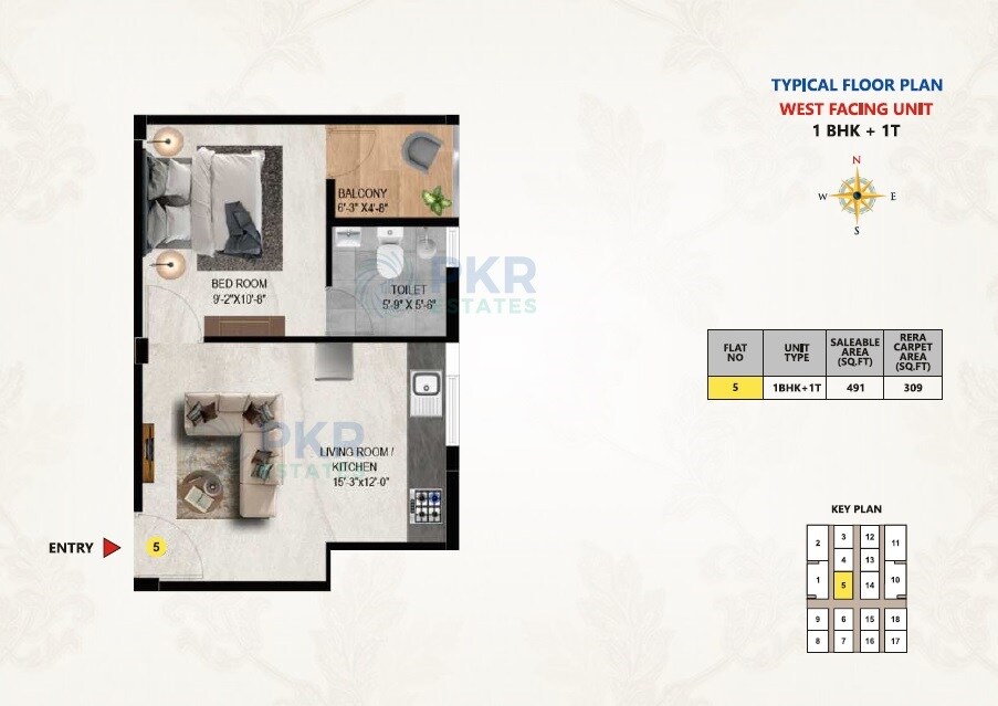 Floor plan of 1 BHK 491 Sq. Ft. Apartment in PKR Estates Gurudev, Chennai