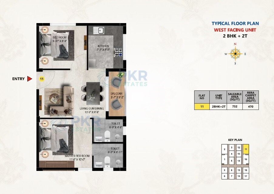 Floor plan of 2 BHK 732 Sq. Ft. Apartment in PKR Estates Gurudev, Chennai