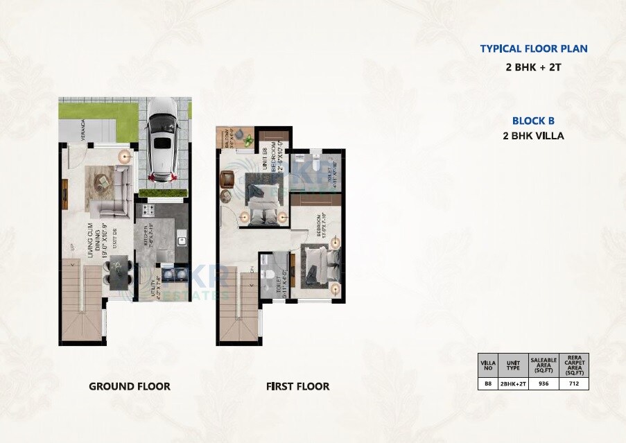 Floor plan of 2 BHK 936 Sq. Ft. Villa in PKR Estates Gurudev, Chennai