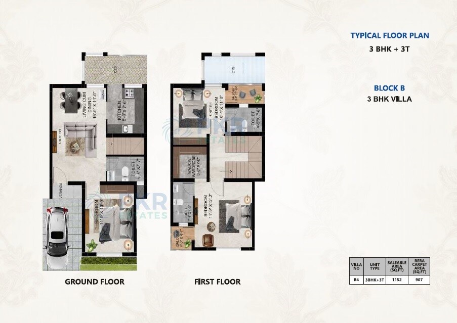 Floor plan of 3 BHK 1152 Sq. Ft. Villa in PKR Estates Gurudev, Chennai