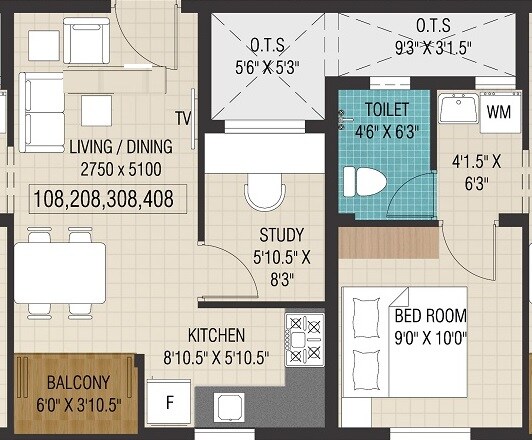 Floor plan of 1 BHK 626 Sq. Ft. Apartment in Plaza Bounty Acres, Chennai