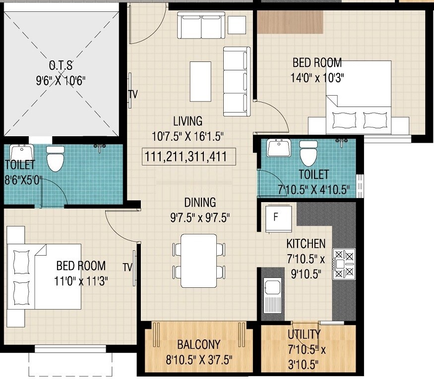 Floor plan of 2 BHK 960 Sq. Ft. Apartment in Plaza Bounty Acres, Chennai