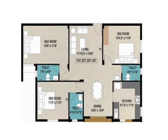 Floor plan of 3 BHK 1300 Sq. Ft. Apartment in Plaza Bounty Acres, Chennai