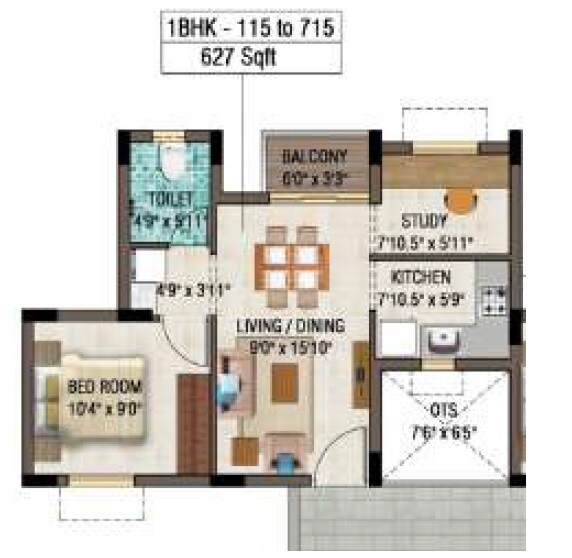1 BHK 627 Sq. Ft. Apartment