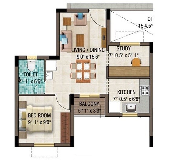 Floor plan of 1 BHK 638 Sq. Ft. Apartment in Plaza Elite Acres, Chennai