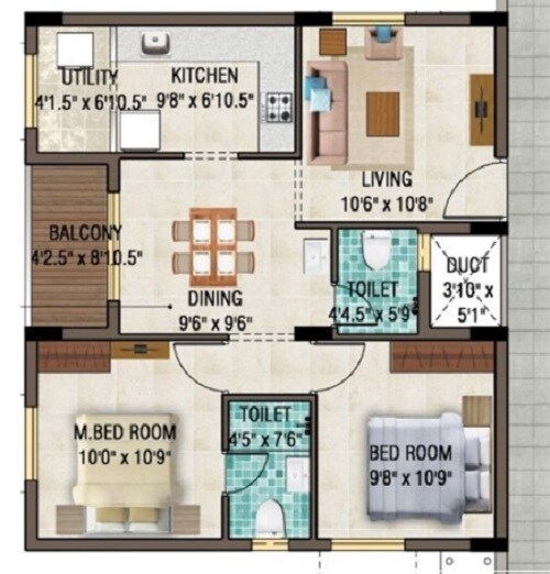Floor plan of 2 BHK 969 Sq. Ft. Apartment in Plaza Elite Acres, Chennai