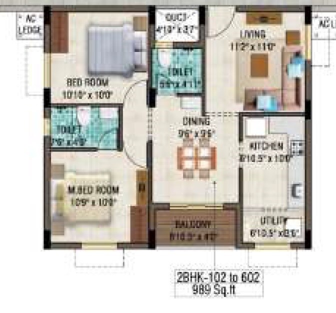 Floor plan of 2 BHK 989 Sq. Ft. Apartment in Plaza Elite Acres, Chennai