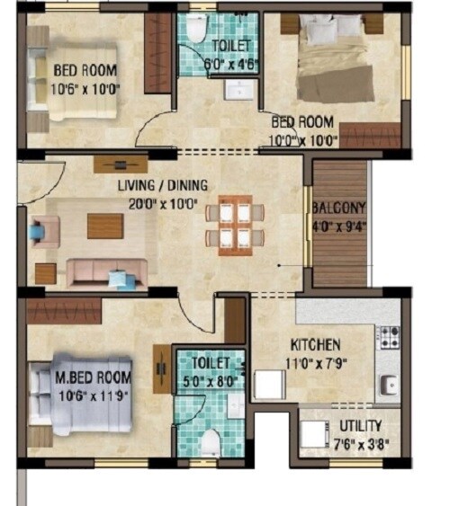 Floor plan of 3 BHK 1162 Sq. Ft. Apartment in Plaza Elite Acres, Chennai