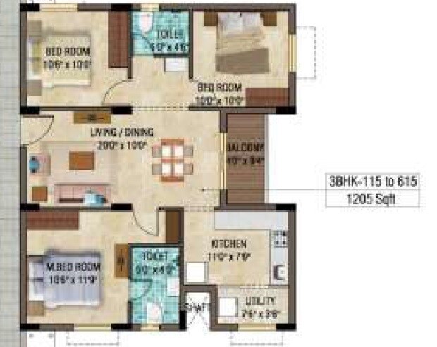 Floor plan of 3 BHK 1205 Sq. Ft. Apartment in Plaza Elite Acres, Chennai